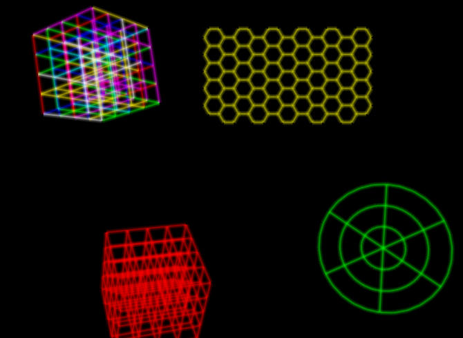 screenshot of a scene with four grids, one of which has multiple colours