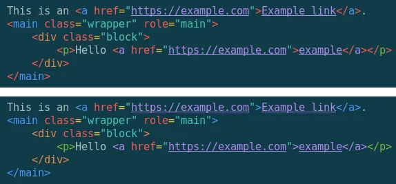 Two comparison screenshots of HTML code, first one shows old state, second one the new state