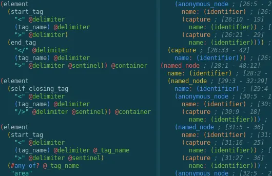 Screenshot of Neovim showing two buffers with different delimiter highlighting