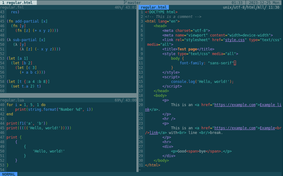 Screenshot of Neovim with three buffers; in each one the colours of delimiter sets is changing