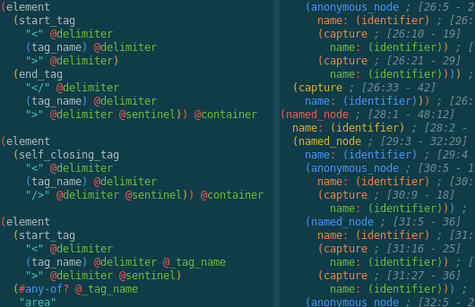 Screenshot of Neovim showing two buffers with different delimiter highlighting